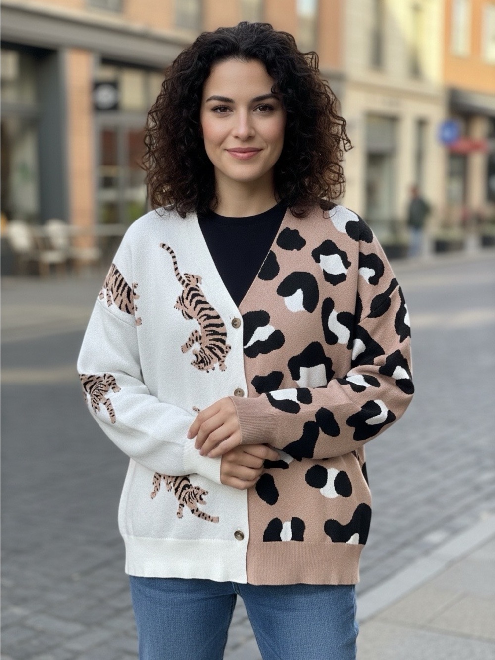 Tiger sweater one side full tiger back side pattern safari animal neutral WL